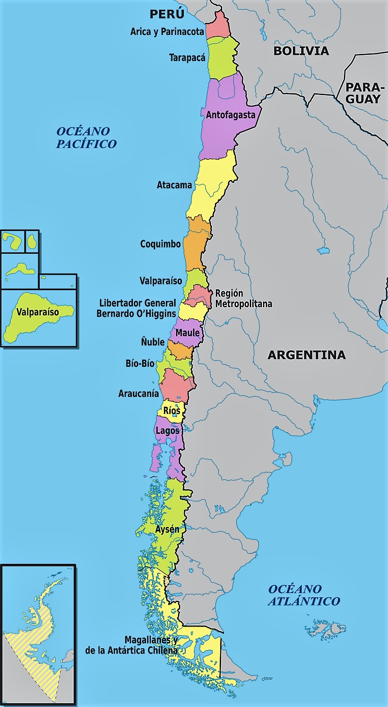 Mapa de chile y sus regiones actualizado para colorear