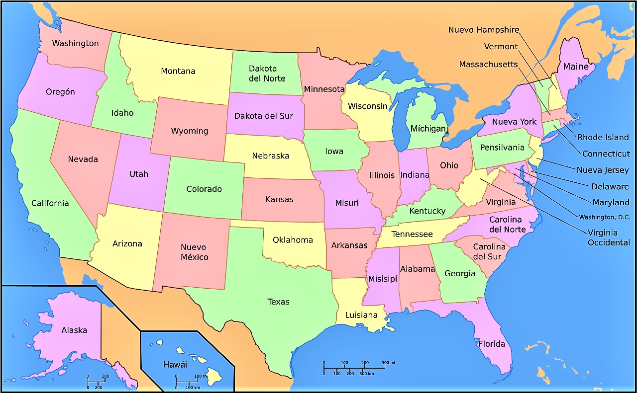 Abierto Oeste Amarillento ⊛ Mapa de Estados Unidos 🥇 Político & Físico ▷ Descargar | Colorear