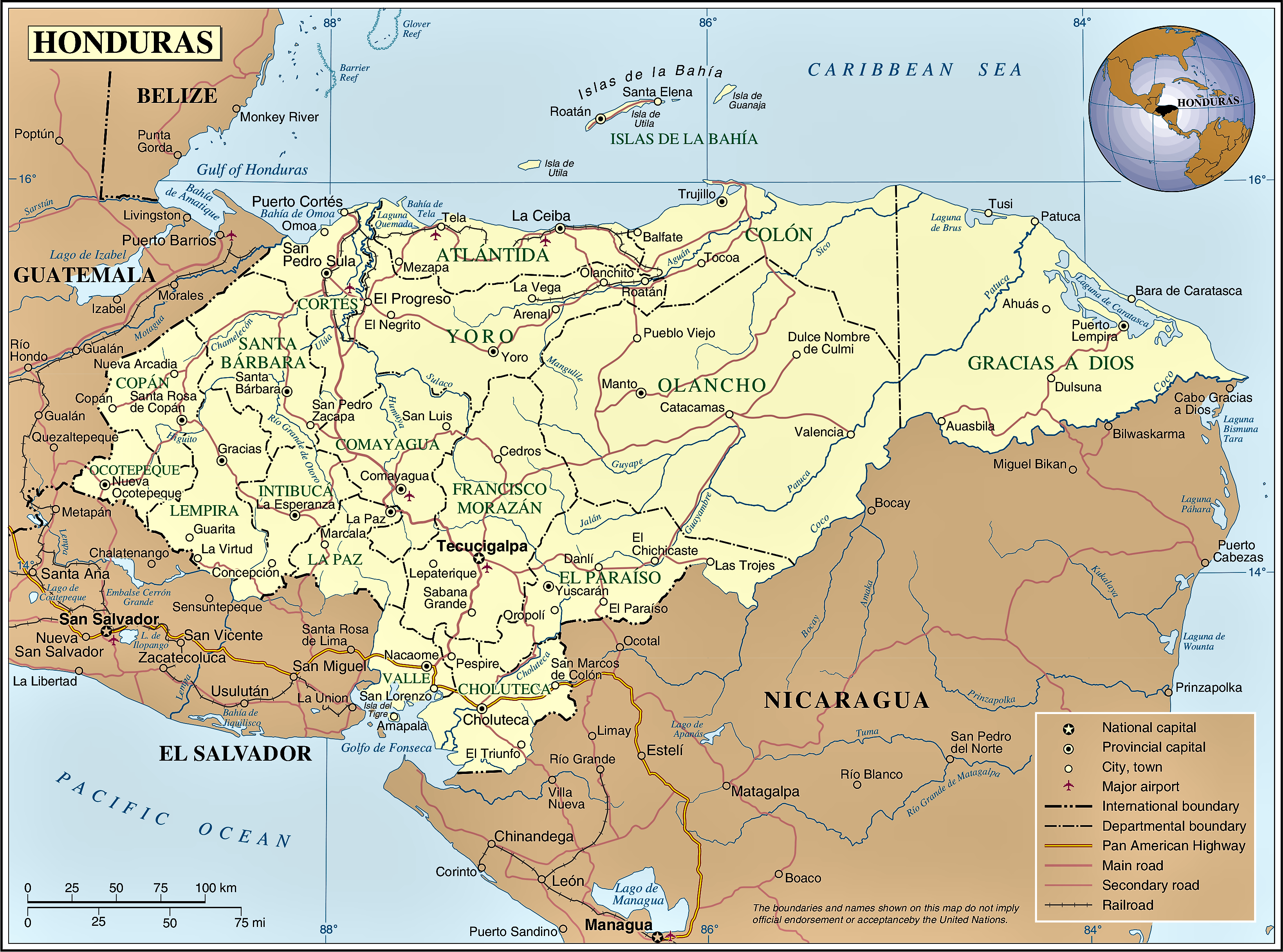 ⊛ Mapa De Honduras 🥇 Político And Físico Grande Para Imprimir 2022