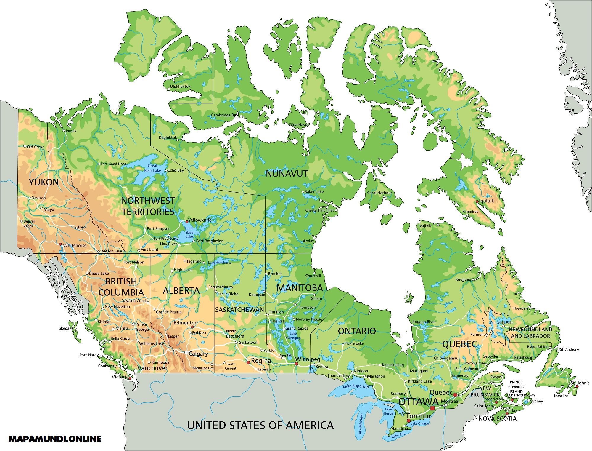 ⊛ Mapa de Canadá 🥇· Político & Físico Descargar | Colorear | Mudo