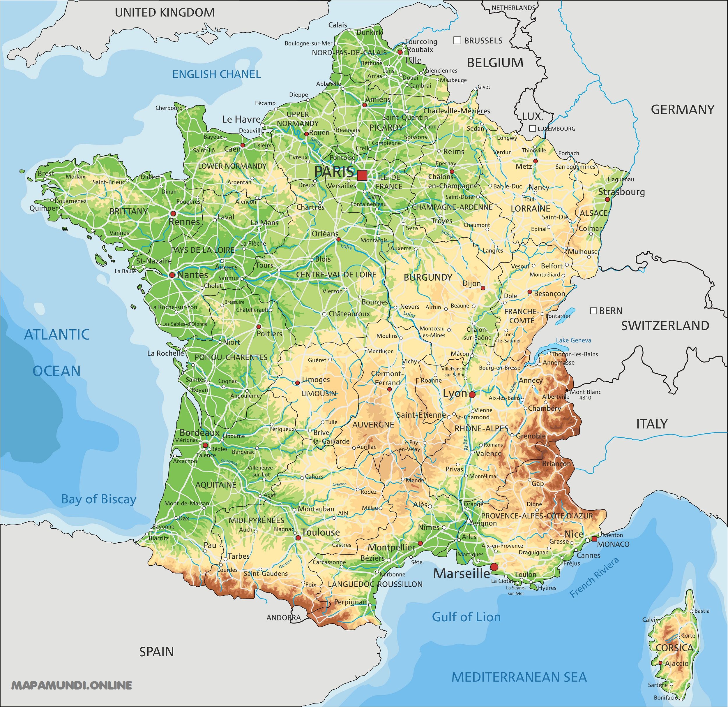 mapa fisico de francia ⊛ Mapa de Francia ·🥇 Político & Físico ▷ Para Imprimir | Colorear |