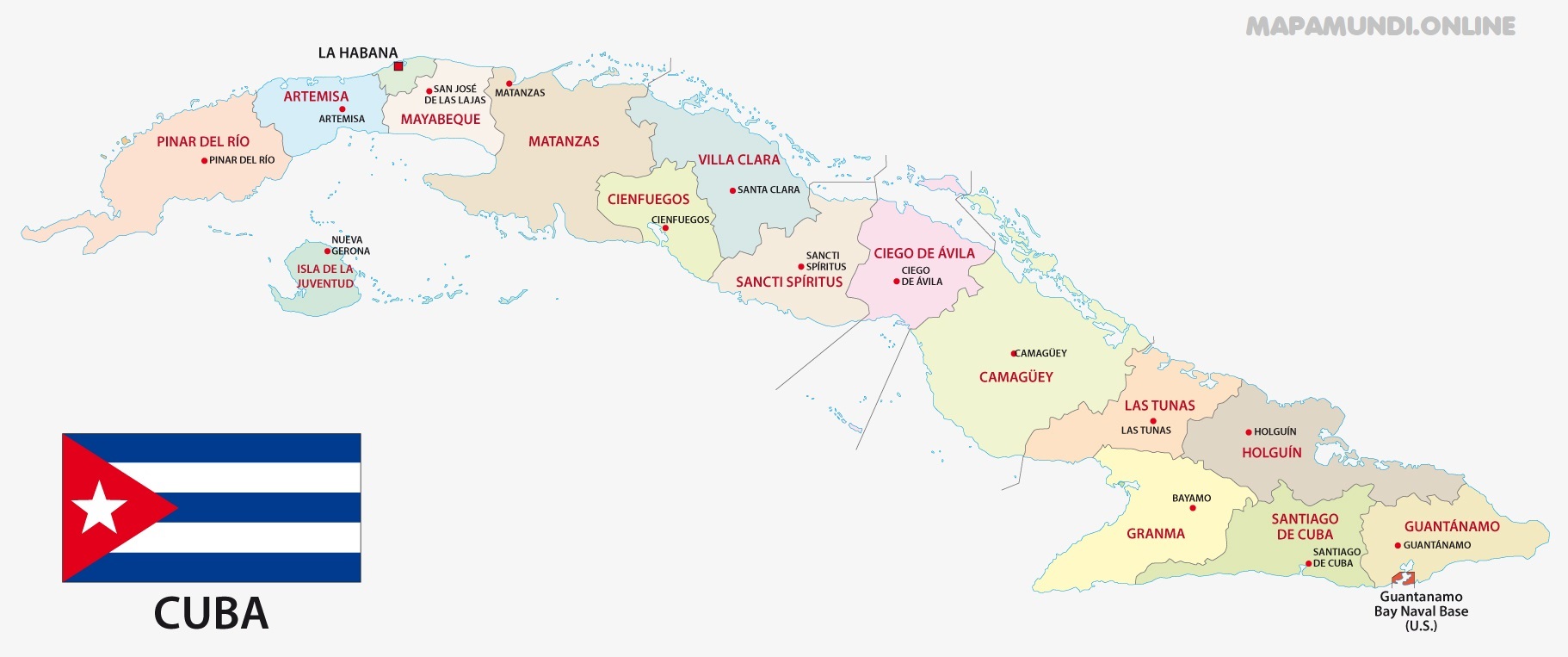 ⊛ Mapa de Cuba ·? Político & Físico ▷ Para Imprimir |