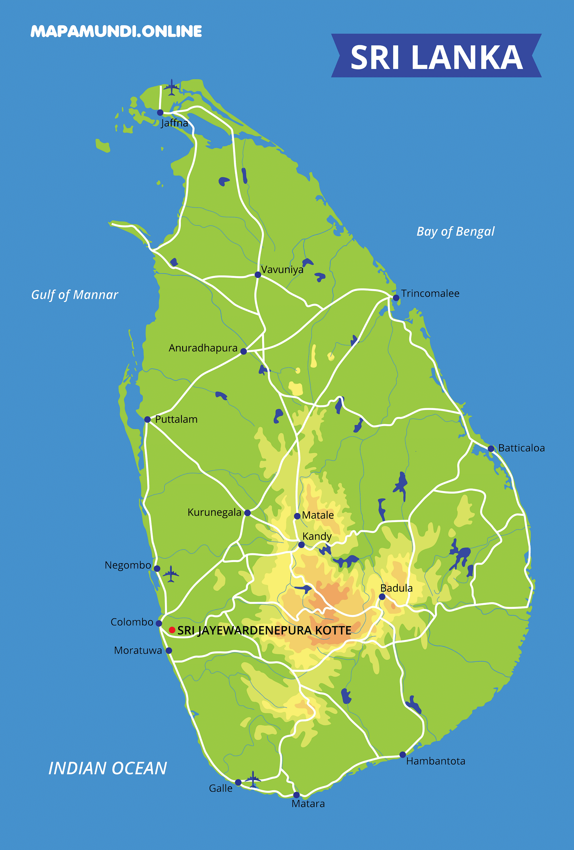 ⊛ Mapa de Sri Lanka ·ð¥ Político & Físico | Para Imprimir | 2023