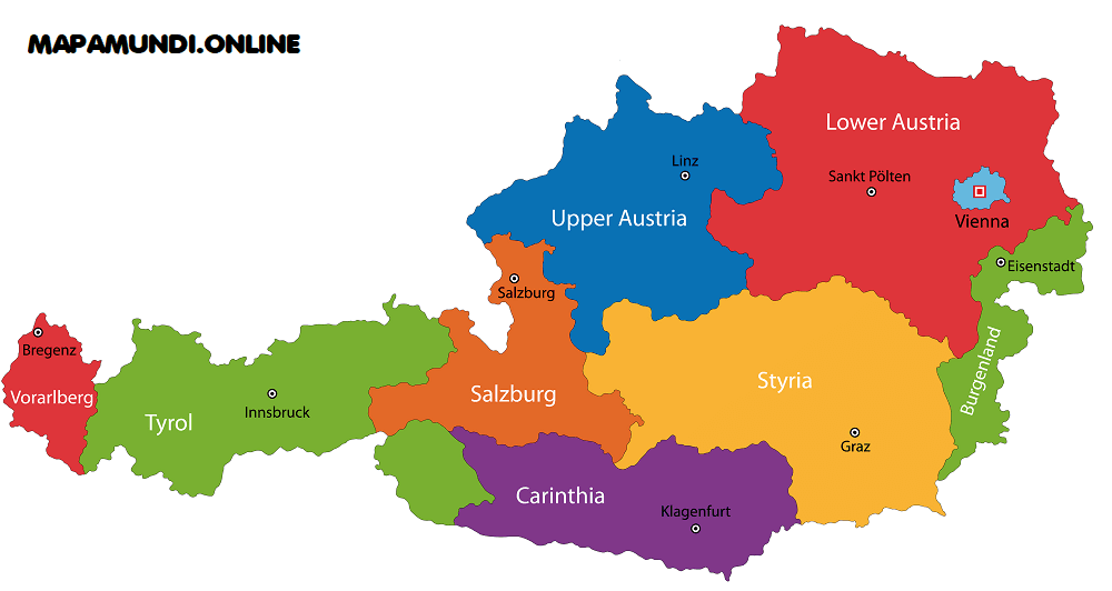 mapa austria regiones capitales division territorial