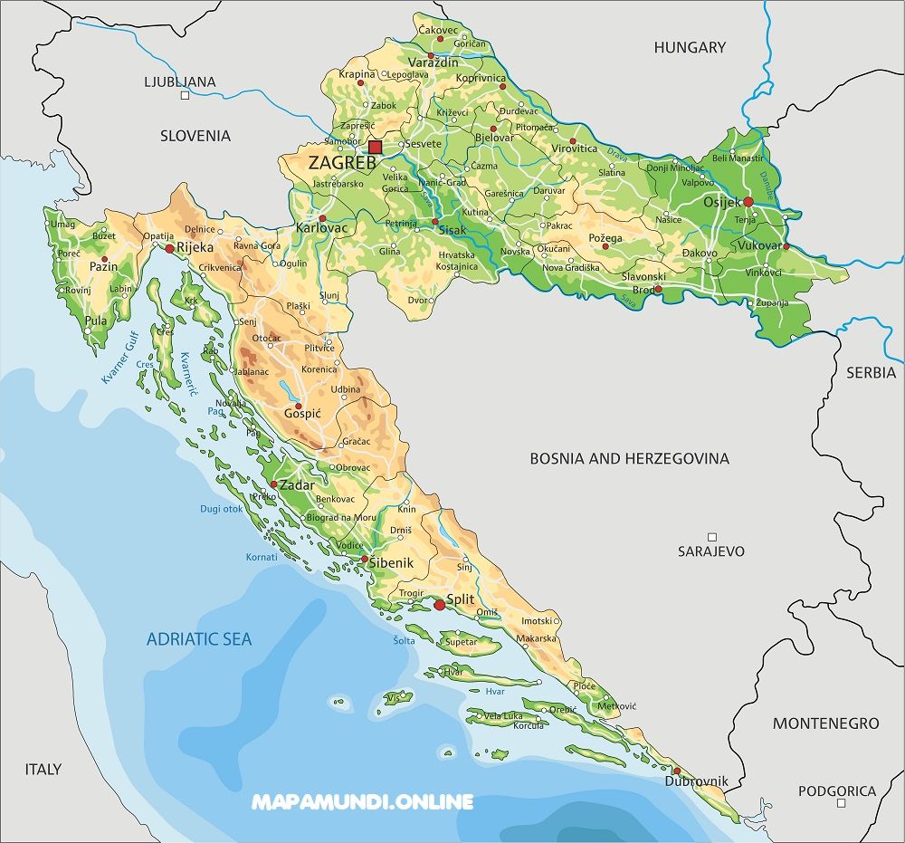 mapa fisico politico croacia plano con nombres