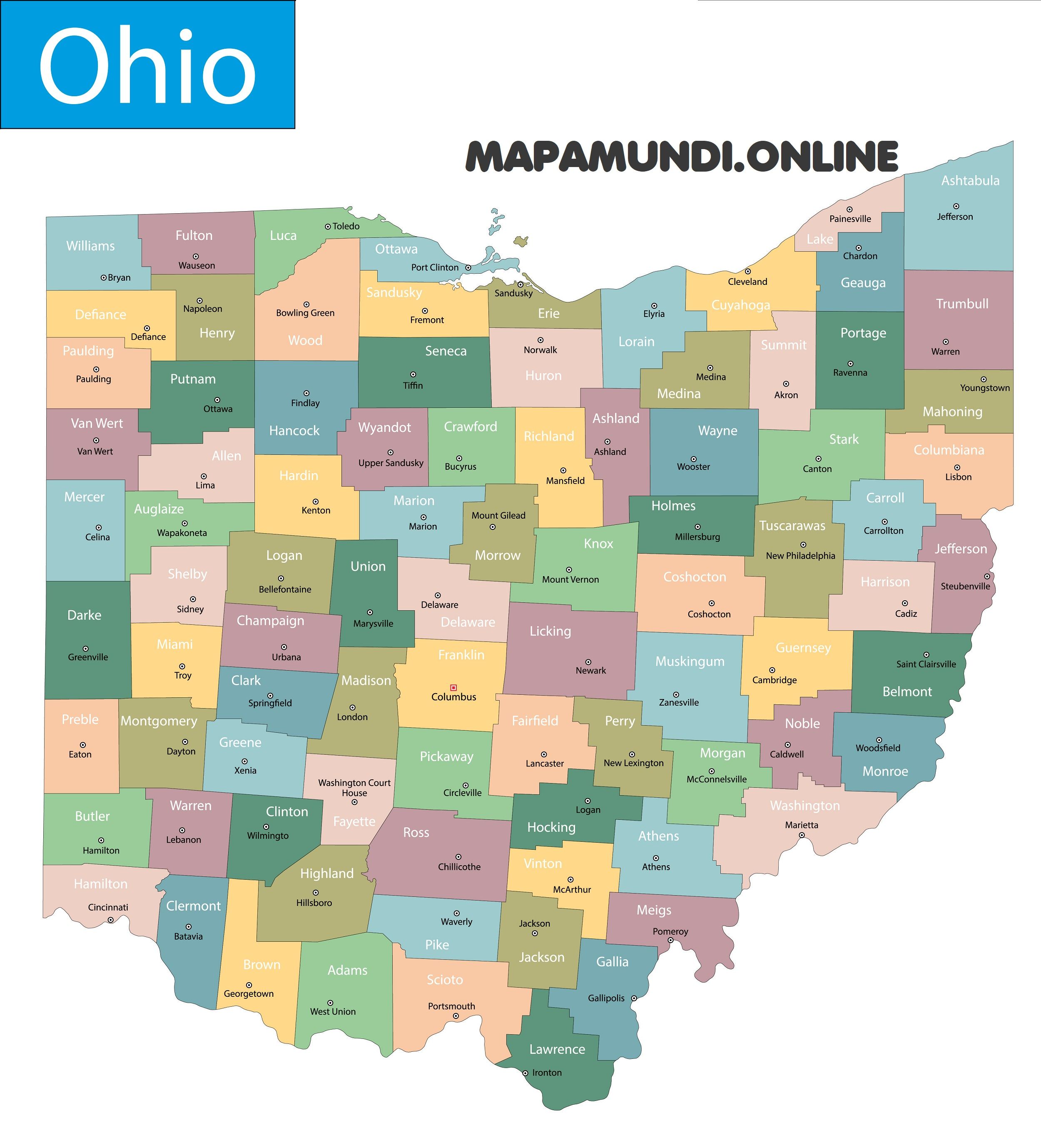 ⊛ Mapa de Ohio ???? Político y Físico ▷ Imágenes HD | 2023